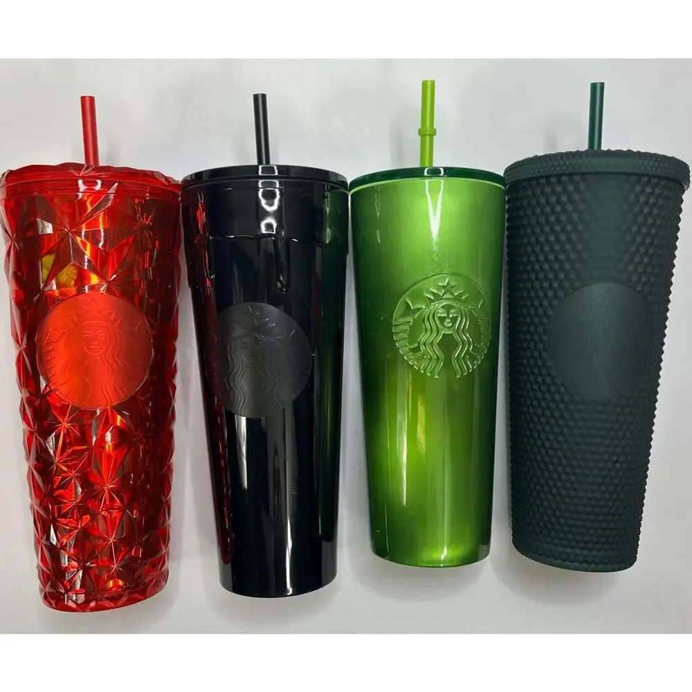 4 Starbucks Mermaid Tumblers Black Drip & Studded -Shiny Green-Red Stars 24 Oz